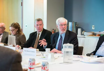 Rolf Mowatt-Larssen (right) and Kevin Ryan discuss a recent meeting of The Elbe Group regarding common interests and maintaining an open line of communication between the U.S. and Russia.