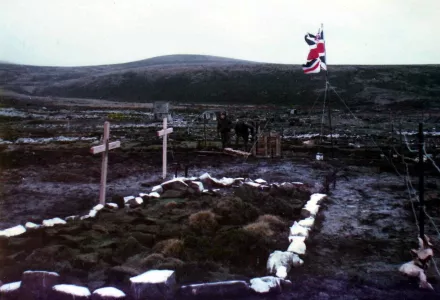British war graves, Falkland Islands/Islas Malvinas, June 13, 1982. Rectangular plot lined with white stones in the foreground, with two wooden crosses on its left border. A British flag and two men stand behind it. Hills rise in the background.