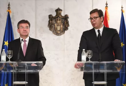 Serbia's President Aleksandar Vucic at a press conference with the European Union's special representative for the Pristina-Belgrade, Miroslav Lajcak 