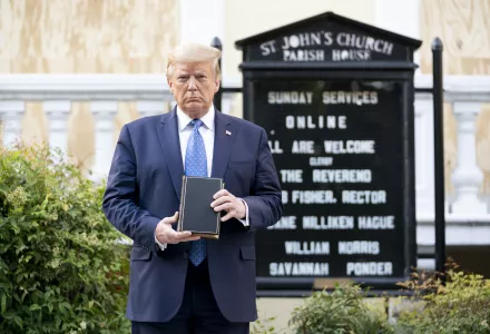 President Donald J. Trump walks from the White House Monday evening, June 1, 2020, to St. John’s Episcopal Church that was damaged by fire during demonstrations in nearby LaFayette Square Sunday evening.