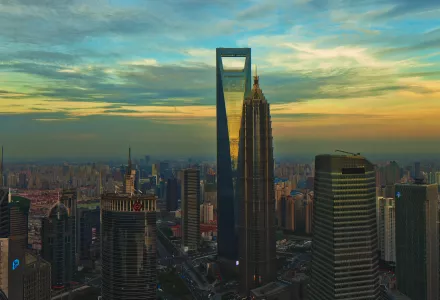 Aerial view of Shanghai World Financial Center and Jin Mao Tower