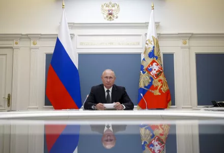 Russian President Vladimir Putin attends a video call with Defense Minister Sergei Shoigu in Moscow, Russia, Tuesday, June 30, 2020. Shoigu reported to Putin that the Defense Ministry plans to complete clinical tests of a coronavirus vaccine next month. (Alexei Druzhinin, Sputnik, Kremlin Pool Photo via AP)