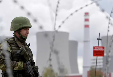 A member of the Czech Army takes part in an anti-terrorism drill at the Temelin nuclear power plant near the town of Tyn nad Vltavou, Czech Republic, April 11, 2017.