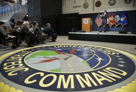U.S. Secretary of Defense Mark Esper holds a Q&A session during a visit to the U.S. Strategic Command at Offutt AFB, Neb., Thursday, Feb. 20, 2020. 