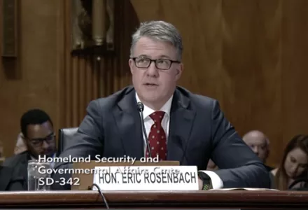 Eric Rosenbach testifying in front of the United States Senate Committee on Homeland Security and Governmental Affairs in Washington. April 24, 2018 (Credit: Senate Committee on Homeland Security and Governmental Affairs website).