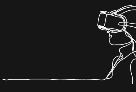Line drawing of person wearing Virtual Reality headset