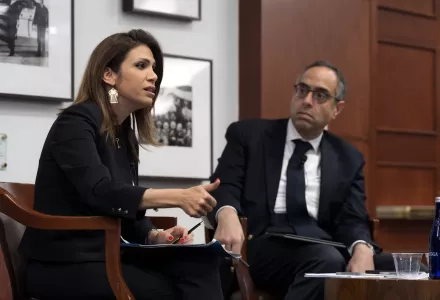 A conversation between Harvard Kennedy School Professor Tarek Masoud and Dalal Saeb Iriqat, a columnist and Palestinian academic. The event, held Thursday, was part of a series of dialogues on the Middle East hosted by Masoud.