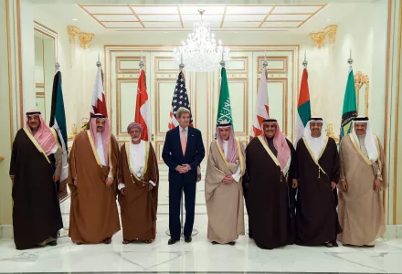 U.S. Secretary of State John Kerry stands with other Foreign Ministers whose countries are members of the Gulf Cooperation Council following a meeting on January 23, 2016, in Riyadh, Saudi Arabia.