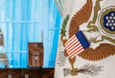 A detail of the U.S. State Department flag.