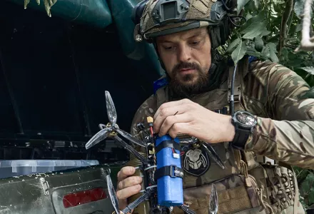 A Ukrainian soldier prepares a drone on the frontline in the Zaporizhzhia region, Ukraine.