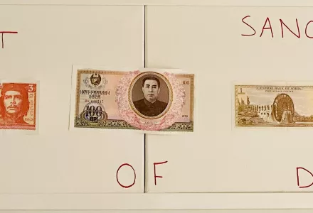 Picture of different kinds of currency and words saying "The Art Sanctions $ Power of Dollar"