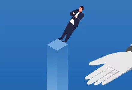 man in suit performs trust fall into giant robot hand