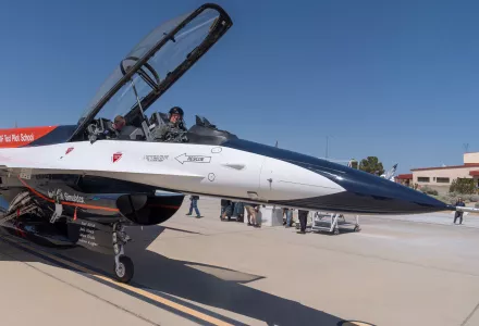Air Force Secretary Frank Kendall sits in the front cockpit of an X-62A VISTA aircraft