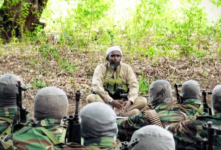 Al-Shabab's spokesman, Ali Mohamud Rage, speaks to Kenyan foreign fighters at one of the Islamist insurgent group's military training camps in Somalia in 2017. 