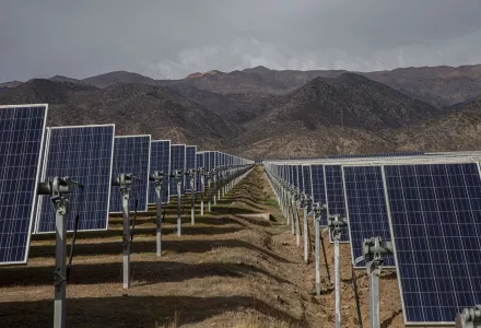 Solar panels stand in the Quilapilún solar energy plant