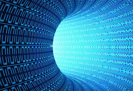 A curved tunnel comprised of binary code.