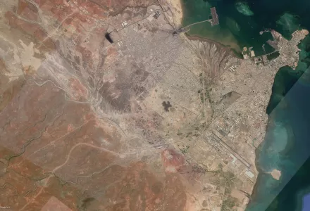 A satellite view of Djibouti, showing the U.S. Navy’s Camp Lemonnier (bottom) and the People’s Liberation Army Support Base (top).