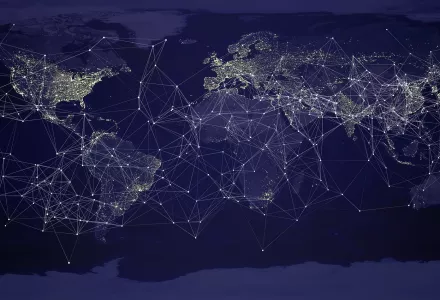 world map with lines connecting major cities