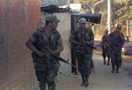 Salvadoran soldiers patrol the streets of San Salvador, El Salvador