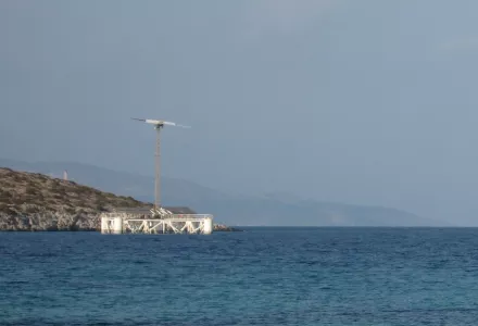 Floating desalination unit "Hydriada" powered by wind and solar energy