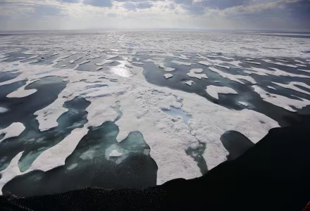 Sea ice melts on the Franklin Strait along the Northwest Passage in the Canadian Arctic Archipelago