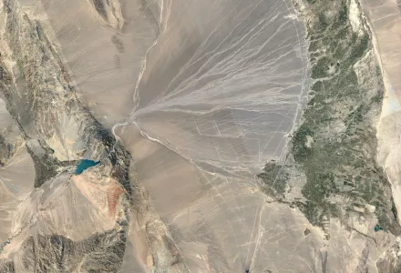 A satellite view of the Gansu Wind Farm Project under construction in China's western Gansu province. Construction began in 2009 toward a planned total generation capacity of 20,000 MW.