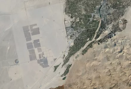 A satellite view of the Gansu Dunhuang Solar Park, a photovoltaic power station under construction in Gansu Provence, as seen on June 9, 2018.