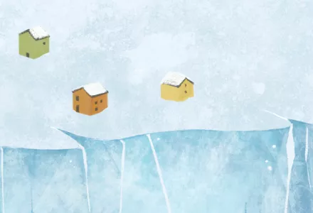 An illustration of homes along a river