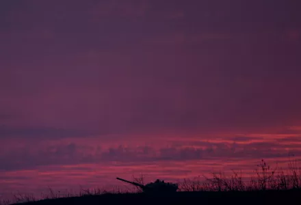 Nonoperational Israeli tank sits in the Israeli-controlled Golan Heights