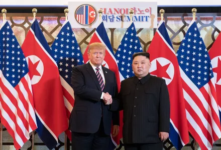 President Donald J. Trump is greeted by Kim Jong Un, Chairman of the State Affairs Commission of the Democratic People’s Republic of Korea Wednesday, Feb. 27, 2019, at the Sofitel Legend Metropole hotel in Hanoi, for their second summit meeting. 