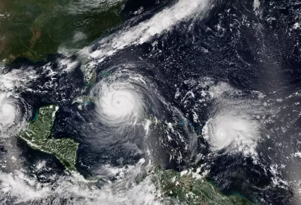 Satellite image of Hurricane Katia (left) making landfall over the Mexican state of Veracruz, Hurricane Irma (center) approaching Cuba, and Hurricane Jose reaching peak intensity