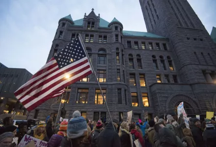 Around 7000 protesters gathered in downtown Minneapolis to denounce Republican President Trump and express solidarity with immigrants