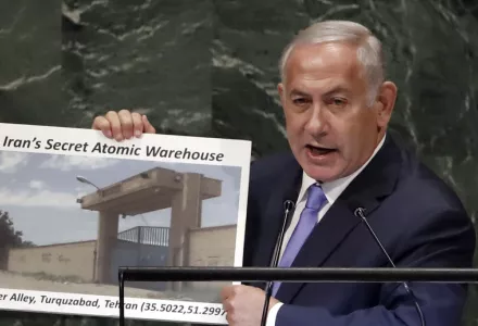 Israel's Prime Minister Benjamin Netanyahu shows an atomic warehouse in Teheran during his address the 73rd session of the United Nations General Assembly, at U.N. headquarters, Sept. 27, 2018.