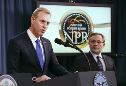 Deputy Defense Secretary Patrick Shanahan, left, speaks next to Deputy Energy Secretary Dan Brouillette, during a news conference