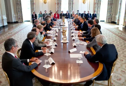 President Barack Obama meets with the President's Council of Advisors on Science and Technology (PCAST) in the State Dining Room