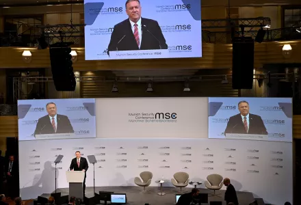 US Secretary of State Mike Pompeo speaks on the podium during the 56th Munich Security Conference in Germany, Feb. 15, 2020