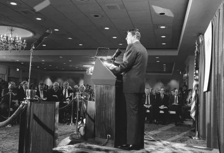 President Ronald Reagan addresses the Center for Strategic International Studies