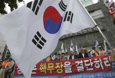 Protesters demand the deployment of nuclear weapons in South Korea, near the presidential Blue House in Seoul
