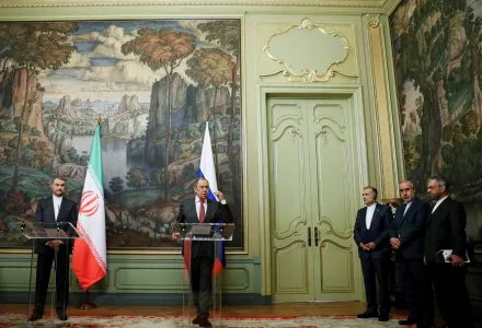 Russian Foreign Minister Sergey Lavrov, center right, and Iranian Foreign Minister Hossein Amirabollahian, left, attend a joint news conference 