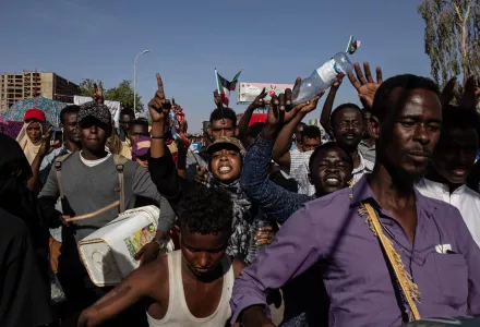 demonstraters rally near the military headquarters in Khartoum, Sudan