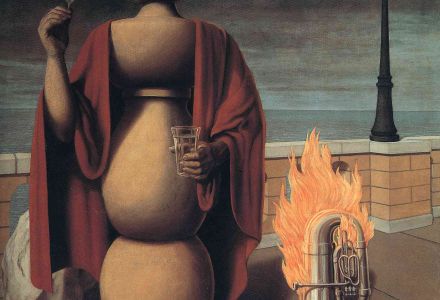 Les Droits de l’Homme, 1947 - a surrealist painting showing an anthropomorphic chess piece standing on a bridge next to a flaming tuba.