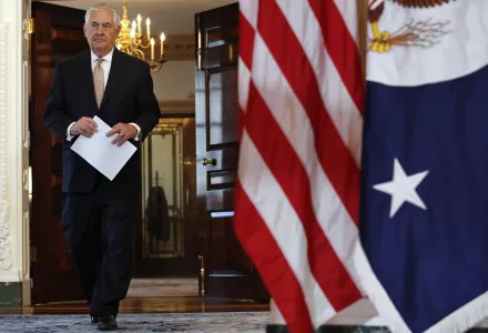  Rex Tillerson walks to speak at a news conference