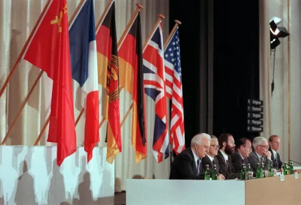 Soviet foreign minister Eduard Shevardnadze, French foreign minister Roland Dumas, GDR foreign minister Markus Meckel, Federal Germany foreign minister Hans-Dietrich Genscher, UK foreign minister Douglas Hurd, and U.S. foreign minister James Baker pictured on the podium at the first 'Two Plus Four' conference in Bonn, Germany, 05 May 1990. It was the first meeting on the way to the Two Plus Four Agreement between the two Germanies and the Four Powers that agreed on the Reunification of Germany. 