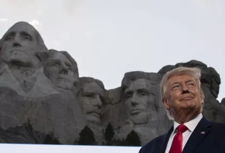 Donald Trump smiles at Mount Rushmore National Memorial