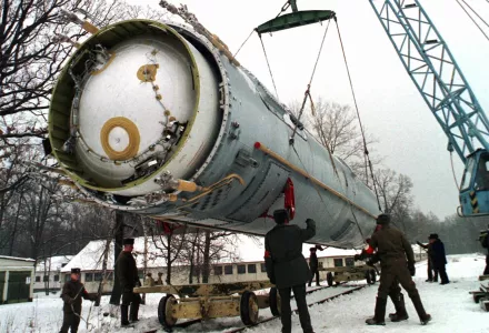Preparing an SS-19 missile for destruction.