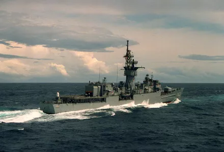 A starboard quarter view of the frigate USS Reasoner