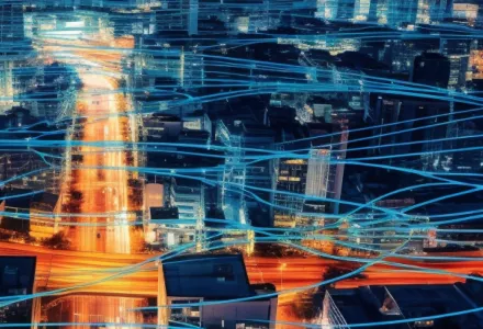 A blue background with an isometric illustration of an orange colored lit freeway  during evening hours.