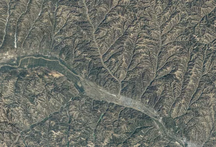  A view of the Yuxi River and suburban towns near Yulin in Shanxi Province.