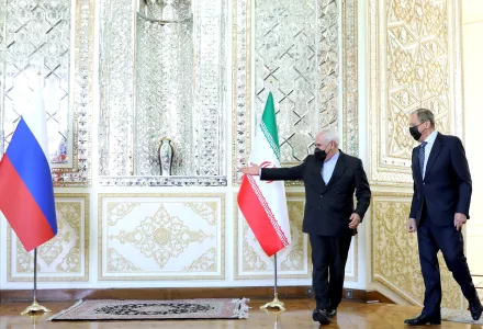 Iranian Foreign Minister Mohammad Javad Zarif, left, welcomes Russian Foreign Minister Sergey Lavrov