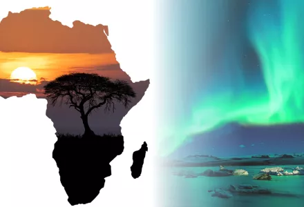Composite image of the African continent and the northern lights.